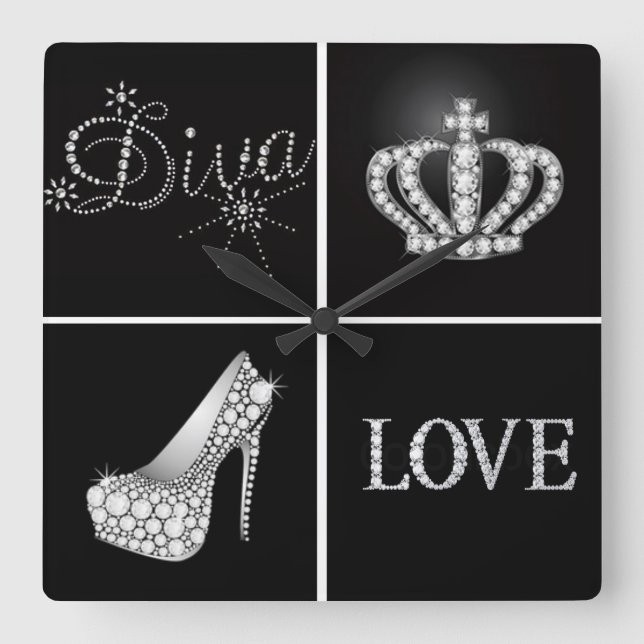 Diva Crown High Heel Liebe Collage Quadratische Wanduhr (Vorderseite)
