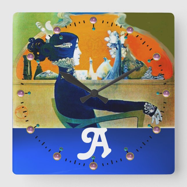 DIVA IN BLAU, SCHÖNHEIT FASHION MONOGRAMM QUADRATISCHE WANDUHR (Vorderseite)