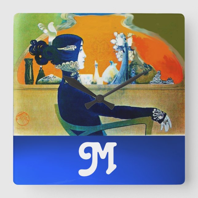 DIVA IN BLAU, SCHÖNHEIT FASHION MONOGRAMM QUADRATISCHE WANDUHR (Vorderseite)