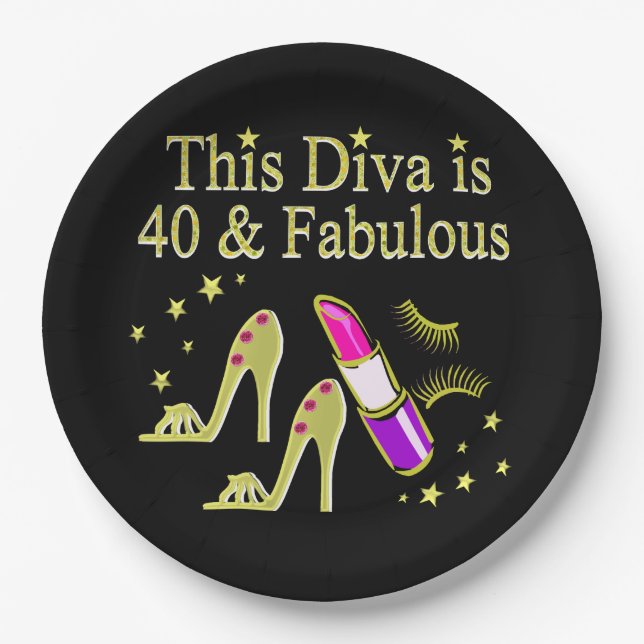 DIVA IST 40 UND FABULOUS GOLD HOCHHEEL DESIGN PAPPTELLER (Vorderseite)
