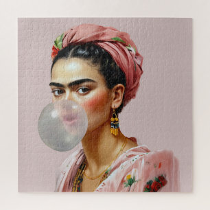Diva mit Blumenschal bläst Bubble Gum Puzzle