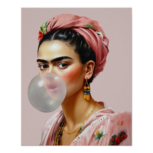 Diva mit Blumenschal bläst Kaugummi Poster (Vorderseite)