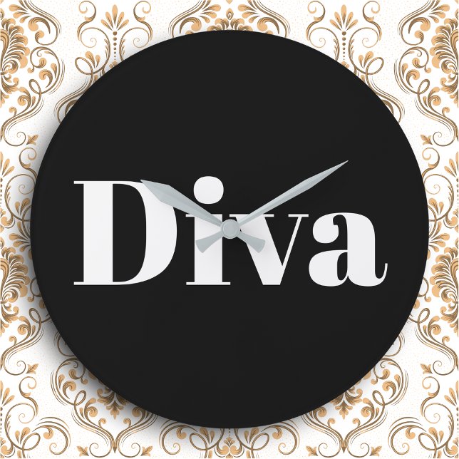 Diva Opera Singer Glam Music Themed Schwarz-weiß Große Wanduhr (A stylish black wall clock featuring the word 'Diva' in large white lettering)