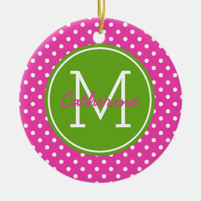 Diva rosa grünes Apple und weißes Tupfen-Monogramm Keramik Ornament (Vorne)