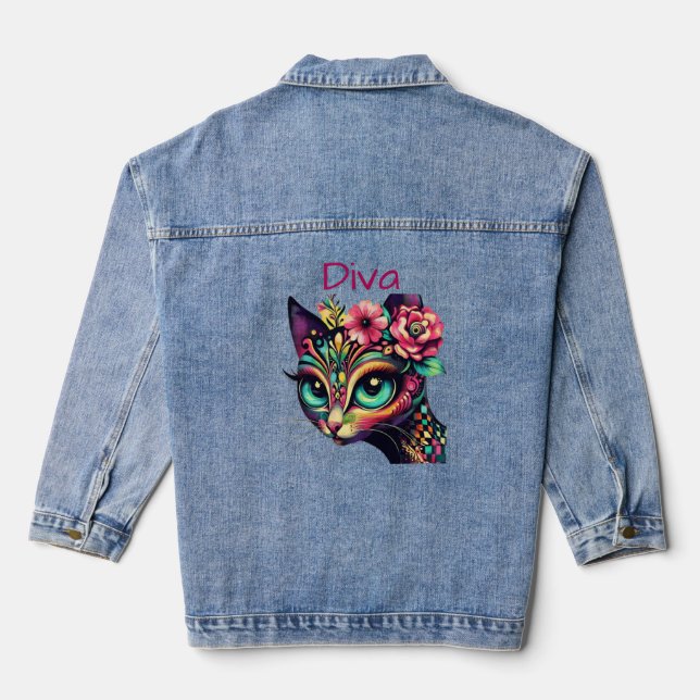 Diva Whimsical Big-Eye Cat Kitty Floral Jeansjacke (Rückseite)