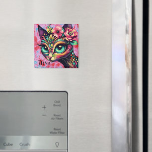 Diva Whimsical Big-Eye Cat Kitty Floral Magnet