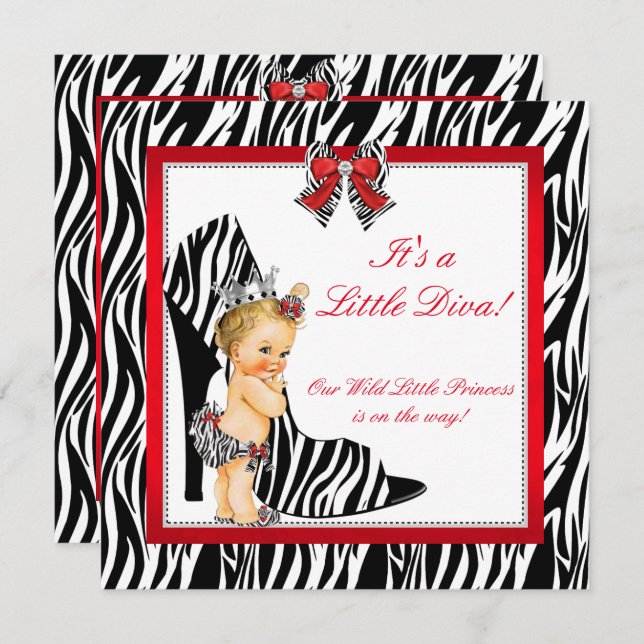 Diva Zebra Princess Girl Baby Showblonde Einladung (Vorne/Hinten)
