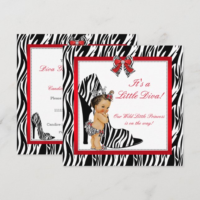 Diva Zebra Princess Girl Babydusche Brünett Einladung (Vorne/Hinten)