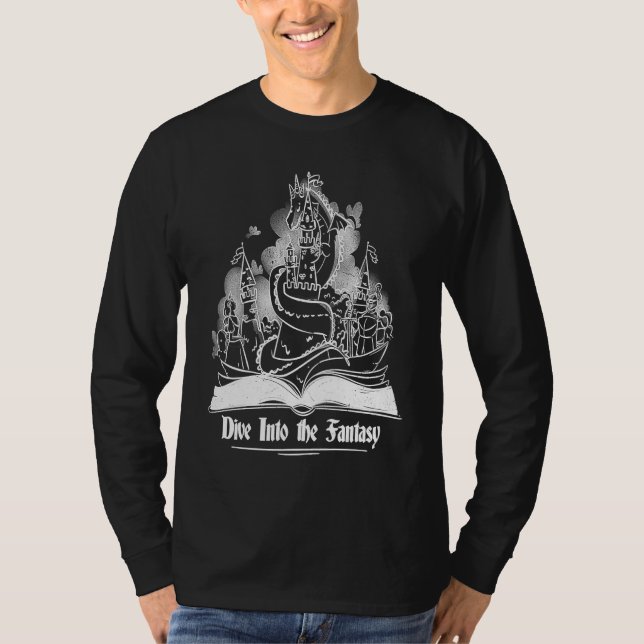 Dive Into Fantasy Reading Reader Dragon Book Retro T-Shirt (Vorderseite)