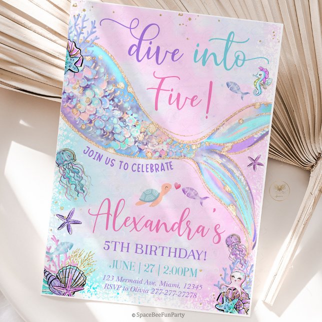 Dive into Five Birthday Mermaid Einladung (mermaid birthday invitation, dive into five, mermaid party invite, 5th birthday mermaid, under the s)