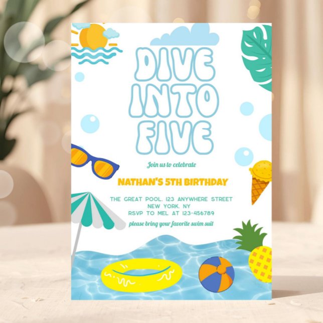 Dive Into Five Boy 5th Birthday Pool Summer Party Einladung (pool party invitation, dive into five invite, summer birthday invite, beach birthday invitation, kid)