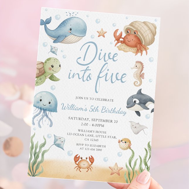Dive Into Five Ocean Animals 5th Birthday Einladung (Von Creator hochgeladen)