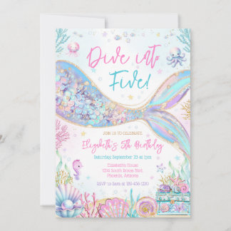 Dive Into Five Under the Sea Mermaid Girl Birthday Einladung