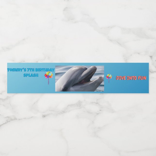 Dive Into Fun Dolphin Splash Wasserflaschenetikett (Einzelnes Label)