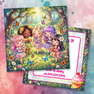 Diverse Chibi Girls with Cupcakes Birthday Party Einladung