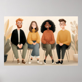 Diverse Friends Sitting Together Cozy Illustration Poster