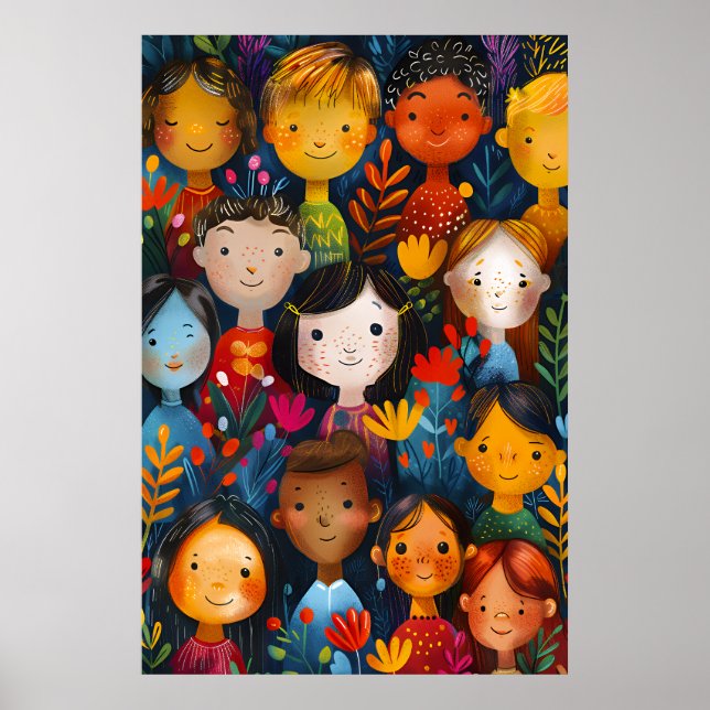 Diverse Happy Children Floral Pattern Illustration Poster (Vorne)