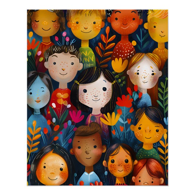 Diverse Happy Children Floral Pattern Illustration Poster (Vorderseite)