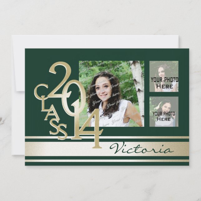 Diverse Streifen Tri Foto Grün und Gold Einladung (Vorderseite)