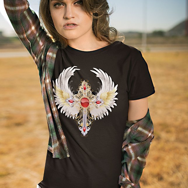 Divine Angel Winged Katholischer Silberkreuz T - S T-Shirt (Von Creator hochgeladen)