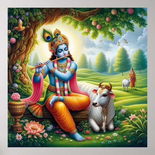 Divine Blue Krishna Flute Art Poster (Vorne)