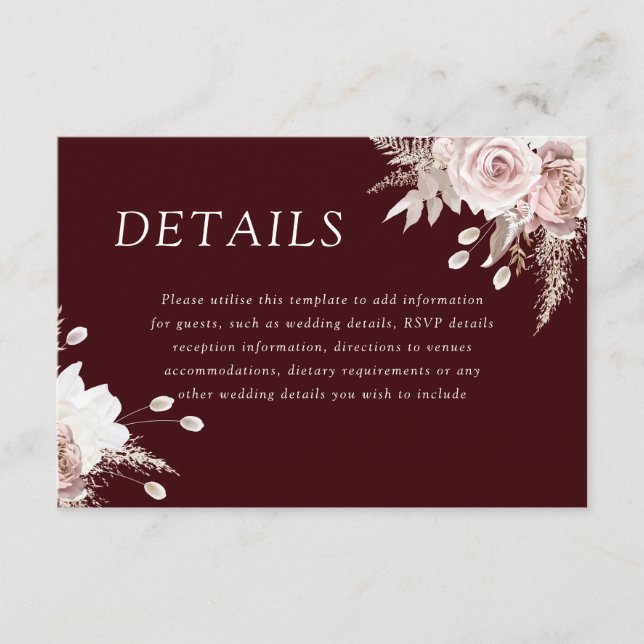Divine Blush Floral Deep Burgundy Wedding Details Begleitkarte (Vorderseite)