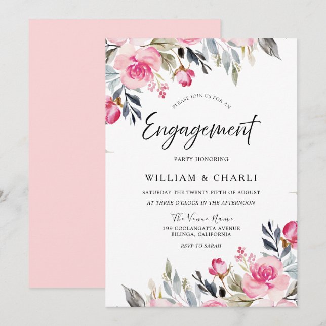 Divine Blush Watercolor Floral Engagement Party Einladung (Vorne/Hinten)