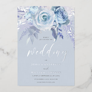 Divine Dusty Blue Floral Wedding Real Silver Folieneinladung