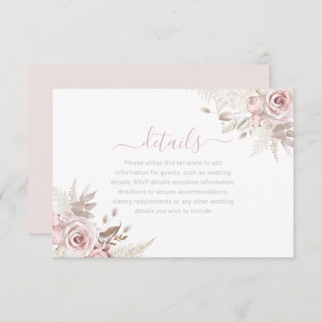 Divine Dusty Rose Blush & Ivory Wedding Details Begleitkarte (Vorne/Hinten)