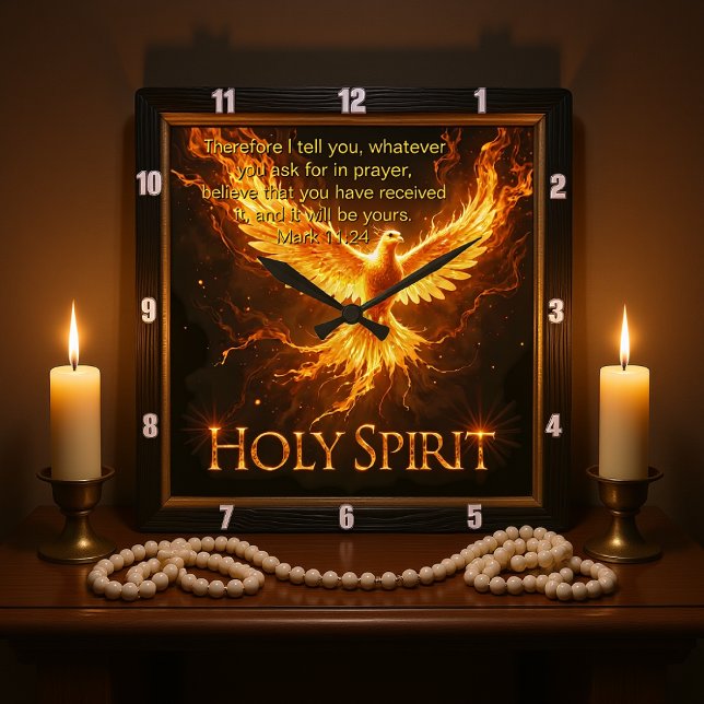 Divine Flame Holy Spirit Phoenix Mark 11:24 Verse Quadratische Wanduhr (Von Creator hochgeladen)