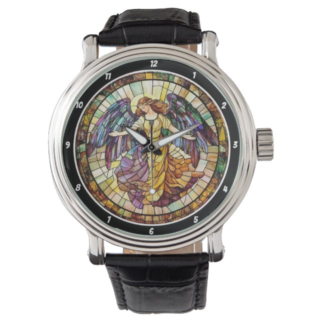 Divine Radiance Stained Glass Angel Wall Armbanduhr (Vorderseite)