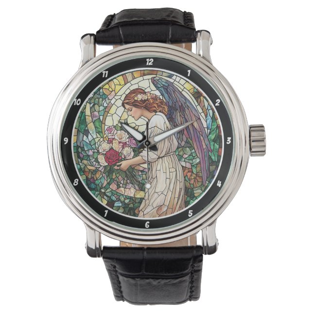 Divine Rose Garden Stained Glass Angel Wall  Armbanduhr (Vorderseite)