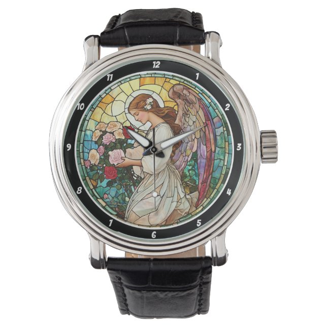 Divine Rose Radiance Stained Glass Angel Wall  Armbanduhr (Vorderseite)