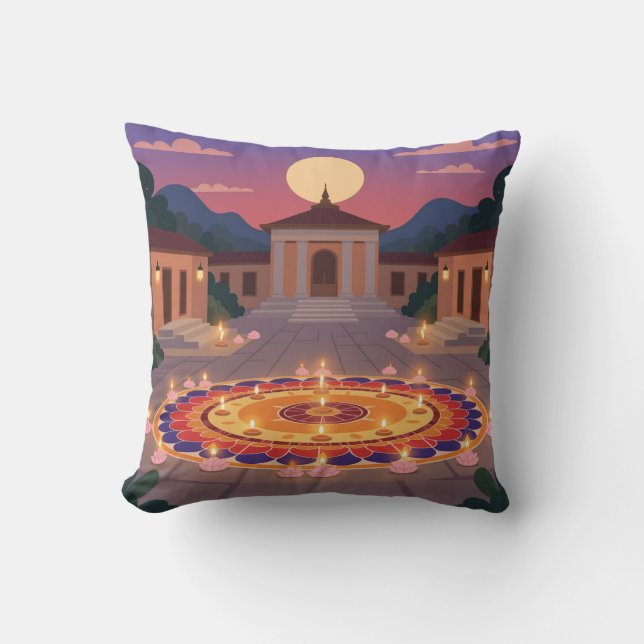 Diwali 2025 Throw Pillow – Rangoli & Diya Home Dec Kissen (Vorderseite)