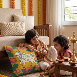 Diwali-Ängstliche-Kuh-Pichwai-Kunst Kissen