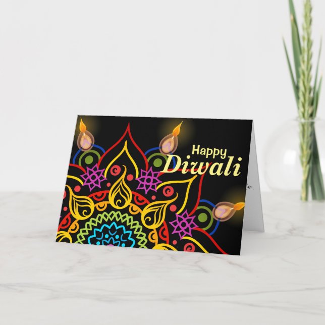 Diwali Blume Rangoli mit hellen Öllampen Karte (Vorderseite)