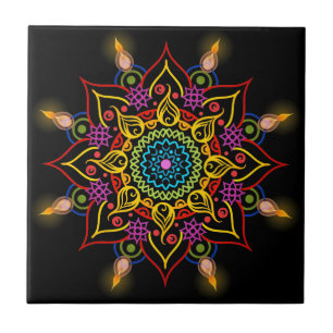 Diwali Blume Rangoli mit Öllampen Fliese