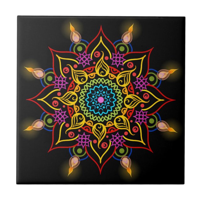 Diwali Blume Rangoli mit Öllampen Fliese (Vorderseite)