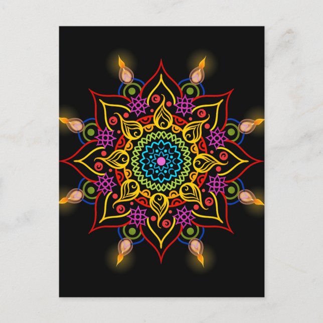 Diwali Blume Rangoli mit Öllampen Postkarte (Vorderseite)