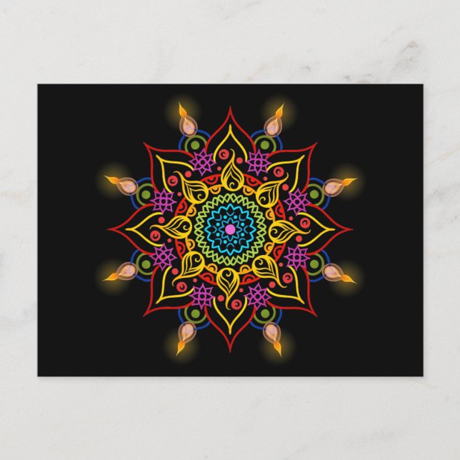 Diwali Blume Rangoli mit Öllampen Postkarte (Vorderseite)