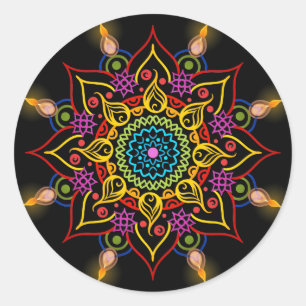Diwali Blume Rangoli mit Öllampen Runder Aufkleber