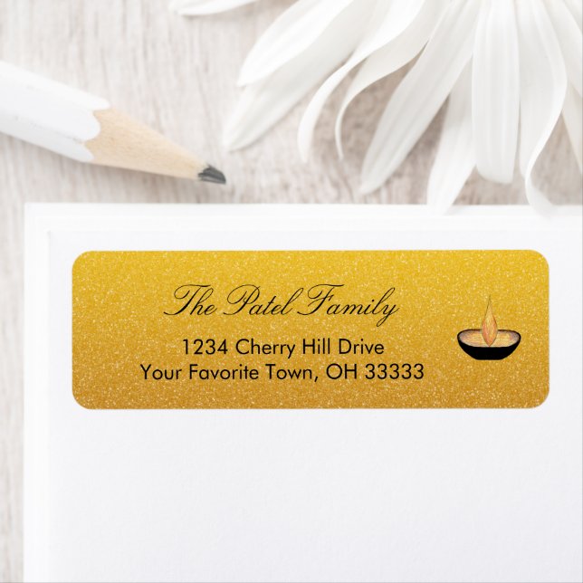 Diwali Diya Flamme Gold Glitzer Rücksendeadresse (Insitu)