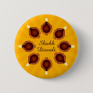Diwali Diyas mit gelben Sonnenstrahlen Button