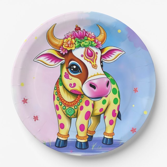 Diwali feiern mit heiligen Kühen in Verkleidung Pappteller (Vorderseite)