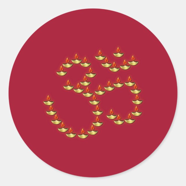 Diwali Gold Deepa in Om Symbol Bright Burgundy Runder Aufkleber (Vorderseite)