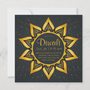 Diwali Gold und Black Diya Flames Einladung