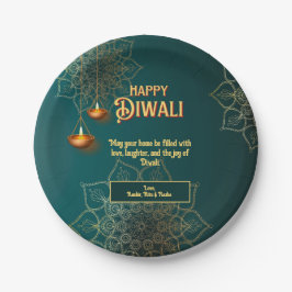 Diwali Green Gold Lamps Mandala Personalisiert Pappteller