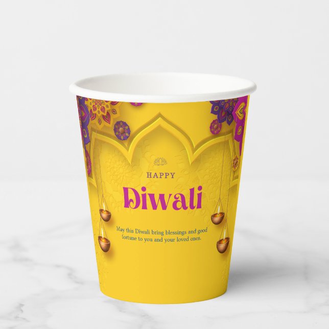 Diwali Greeting Yellow Lila Floral Personalisiert Pappbecher (Vorderseite)