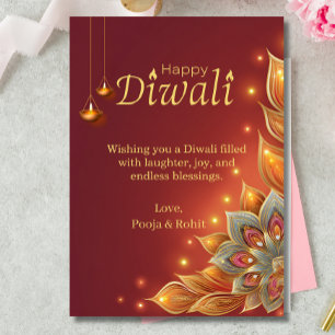 Diwali Holiday Card Red Gold Floral Lampen Einladung