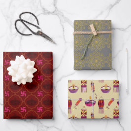 Diwali, indisches Motiv Geschenkverpackung 3 Blätt Geschenkpapier Set